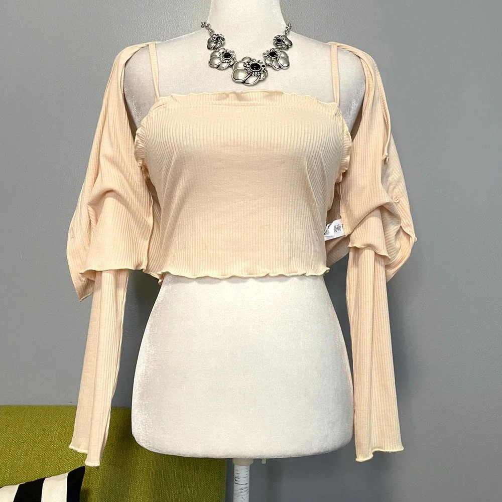 BP Cream Ribbed Crop Top Twin Set Tank & Long Sleeve Button Up NEW Small - Picture 6 of 6